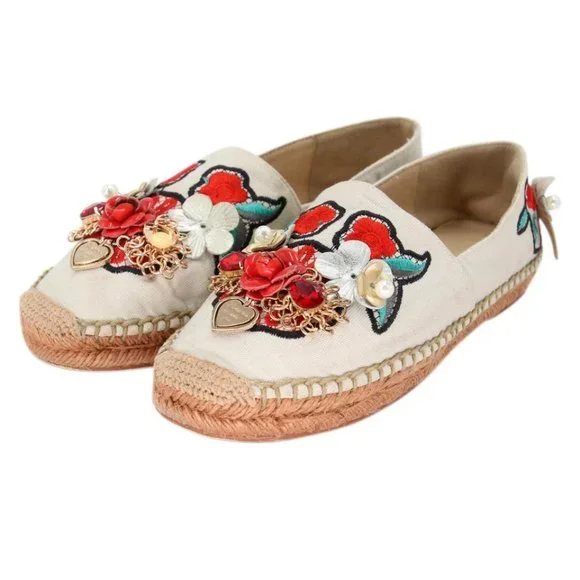 Dolce&Gabbana Pearl Espadrille 39 Floral Embellished Fabric Flats DG-0525N-0218